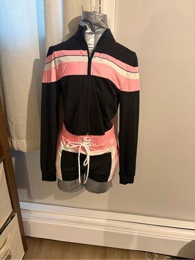 Black & Pink Striped Zip Bomber Jacket, bandeau top and high waisted shorts set